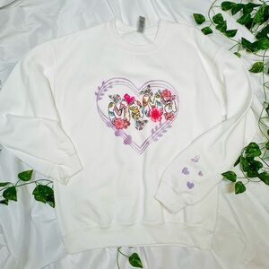 Gildan White Sweatshirt with Heart and Floral Accents